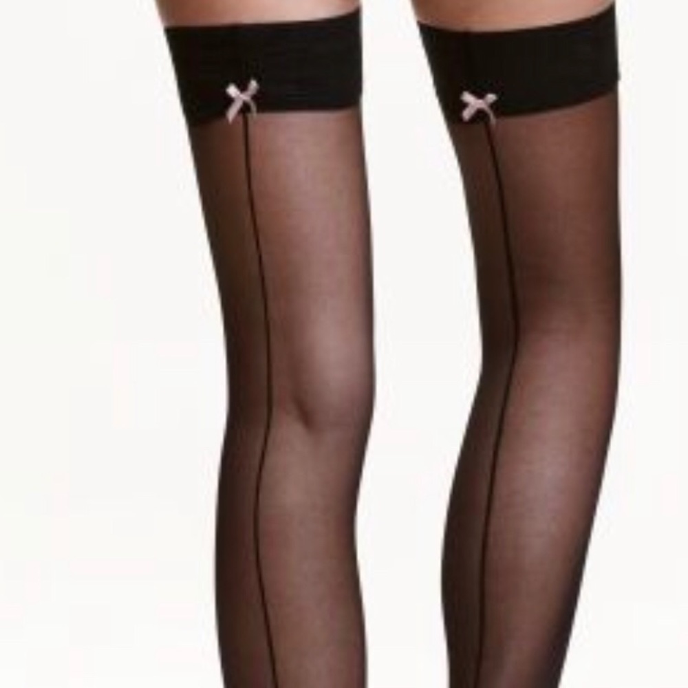 NWT H&M Black w/ Pink Bows Stay Ups Stockings - Picture 2 of 8